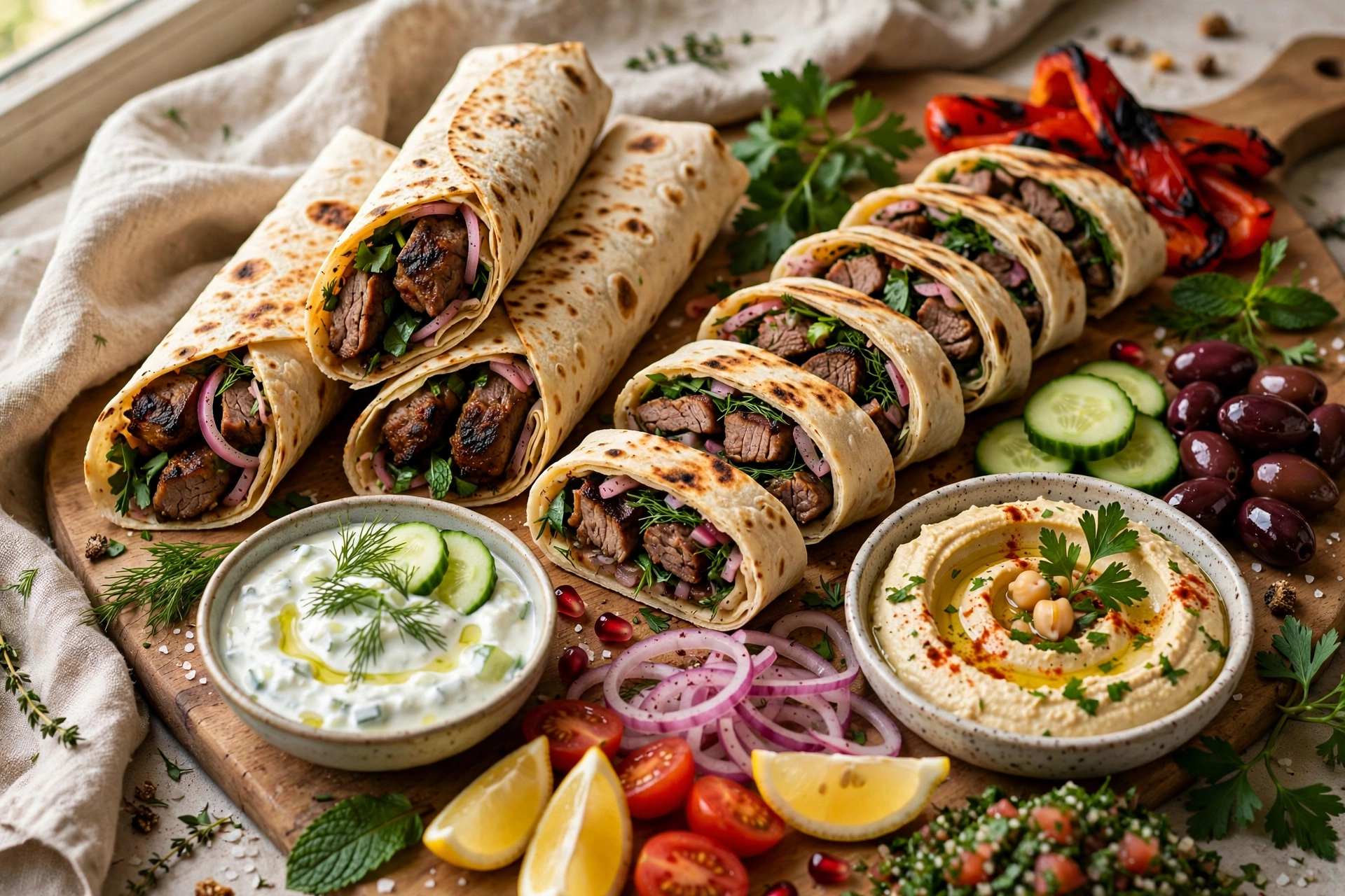Lavash wraps with grilled meat, herbs and Mediterranean sides
